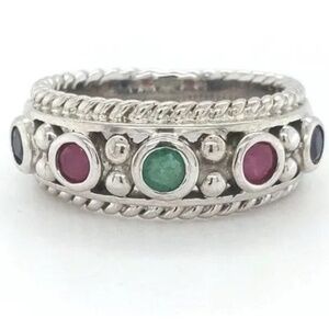 Genuine Ruby, Emerald, and Blue Sapphire .925 Sterling Silver Band Ring
